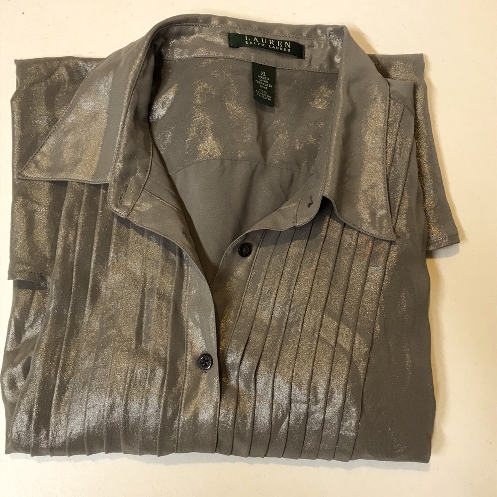 LRL Sheer metallic pin tucked tuxedo shirt XL